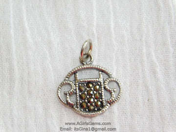 Pave Filigree Purse Longevity Lock Shield 925 Sterling Silver Marcasite Pendant Charm Dangle Sterling Silver Micro Pave Charm Bracelet